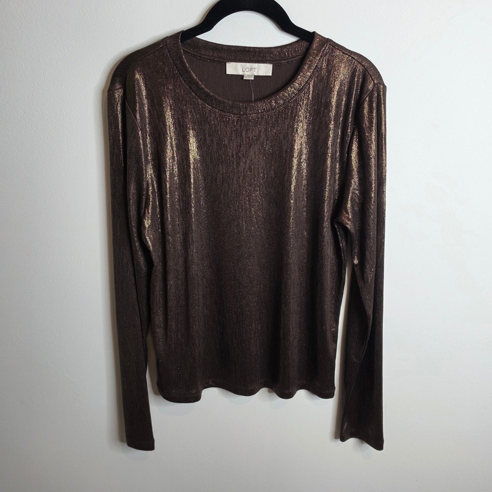 LOFT NWT Metallic Shimmer Knit Top Women M Bronze Brown Long Sleeve